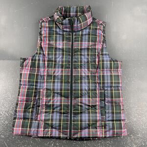 Lands End Goose Down Puffer Vest Green Black Tartan Plaid Quilt Cottage Fall